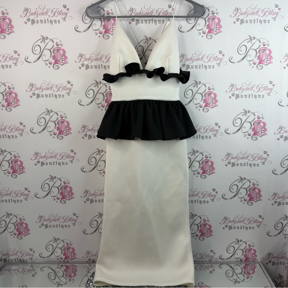 ASOS dress long ruffle peplum Black and White Midi Dress with Ruffle Detail